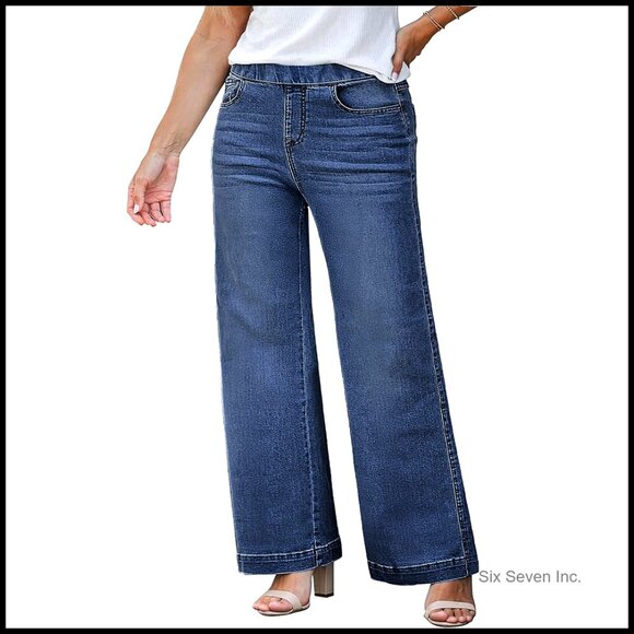 Plus Size Straight Leg Jeans High Waisted Stretchy Denim Pull On Pants with